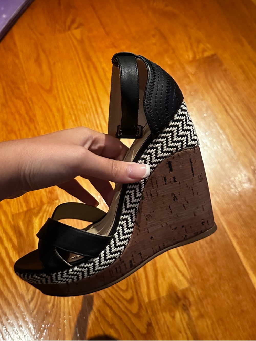 Klub Nico Woven Cork Wedge Sandals Black Leather Strappy Heels Size 6